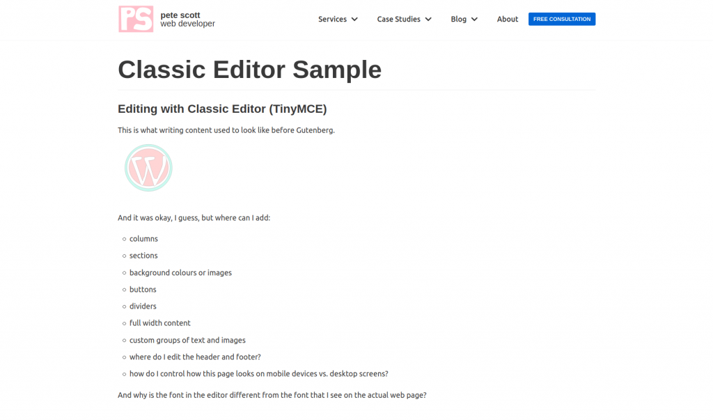 Result of Classic editor on website front end